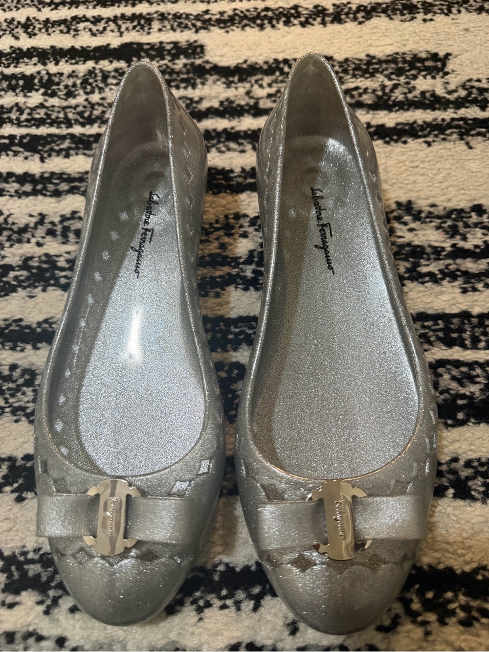 Salvatore Ferragamo Silver Glitter Bow Ballet Flats